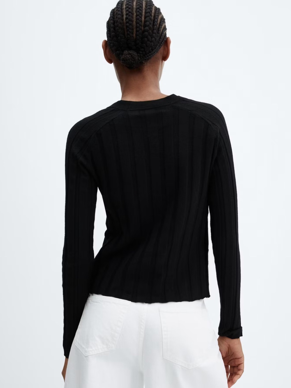 Mango Black Ribbed V-Neck Button-Down Top - Picture 2 of 5